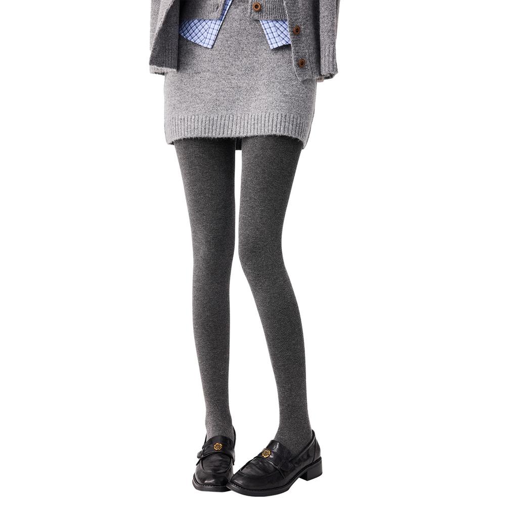 Women's Autumn Winter Gray Vertical Stripe Slimming One-Piece Pantyhose Fleece Lined Thickened Cotton Base Layer Tights