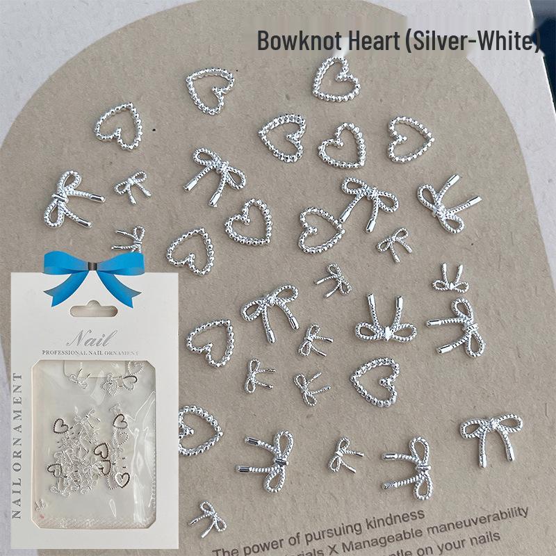 Silver Bow Nail Art Jewelry: Hollow Heart Metal Alloy Rhinestone Decorations