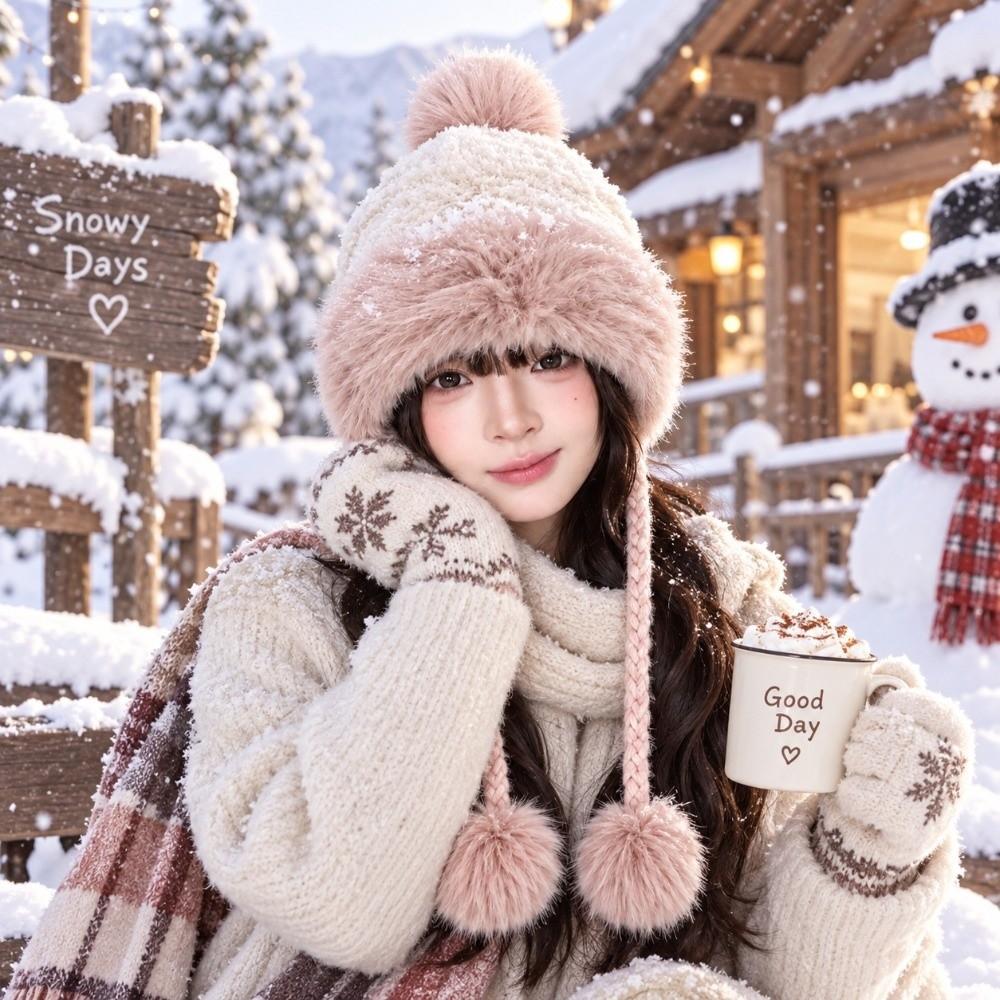 Polyester Faux Fur Hat Thick Warm Winter Knitted Hat Cozy Fair Isle Trapper Hat For Women