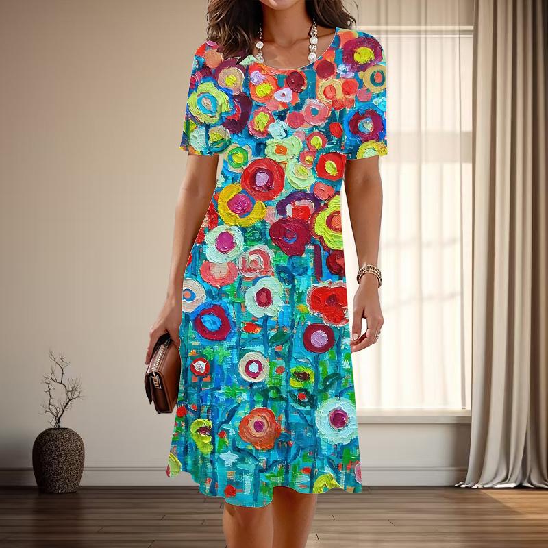Damenmode Anmutiges Blumendesign Print Sommer Frühling Kurzarm O-Ausschnitt Freizeitkleider