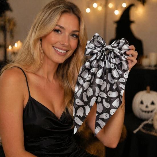 Halloween Decorative Clip Silky Satin Hair Bows for Women, Big Ribbon Bow Clips Girls, Hairstyle Accessory Oversized Long Tail Barrettes,