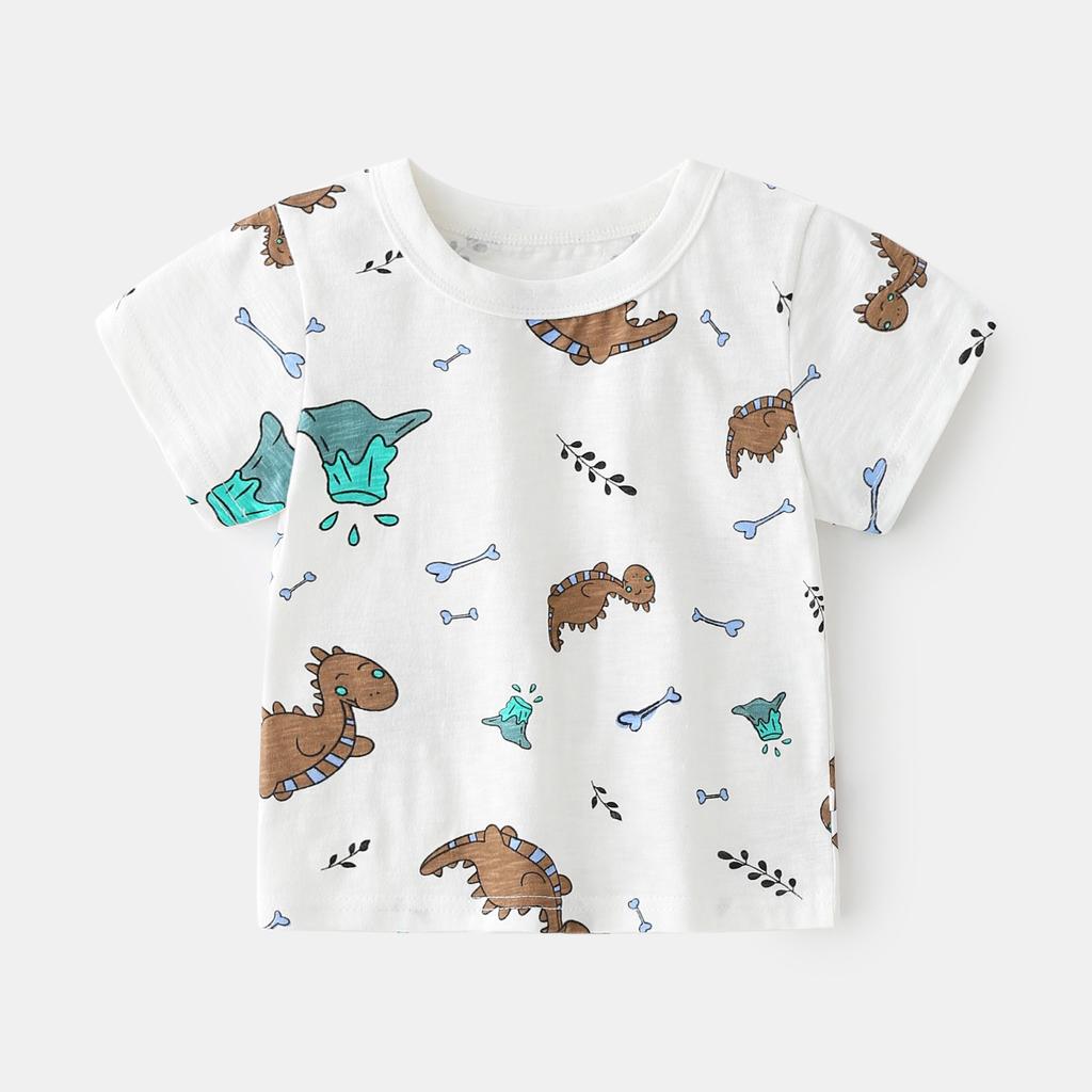 2024 Sommar Ny Barnkläder T-shirt för Barn Bomull Trendig Dinosauriemönstrad Topp för Pojkar Korta Ärmar
