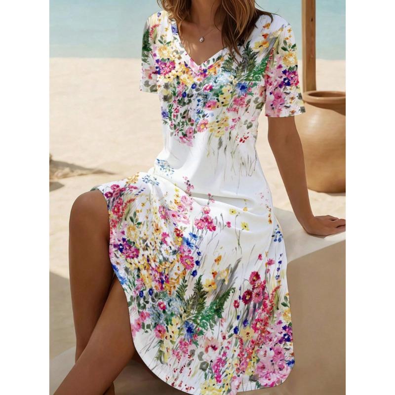 Women's Summer Long Dress V-Neck Short Printed Floral Printed Beach Dress Praty Dress