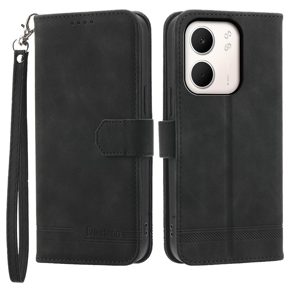 DIERFENG DF-03 For Oppo A5x 5G/4G Case Lines Imprint Wallet Leather Phone Cover with Wrist Strap