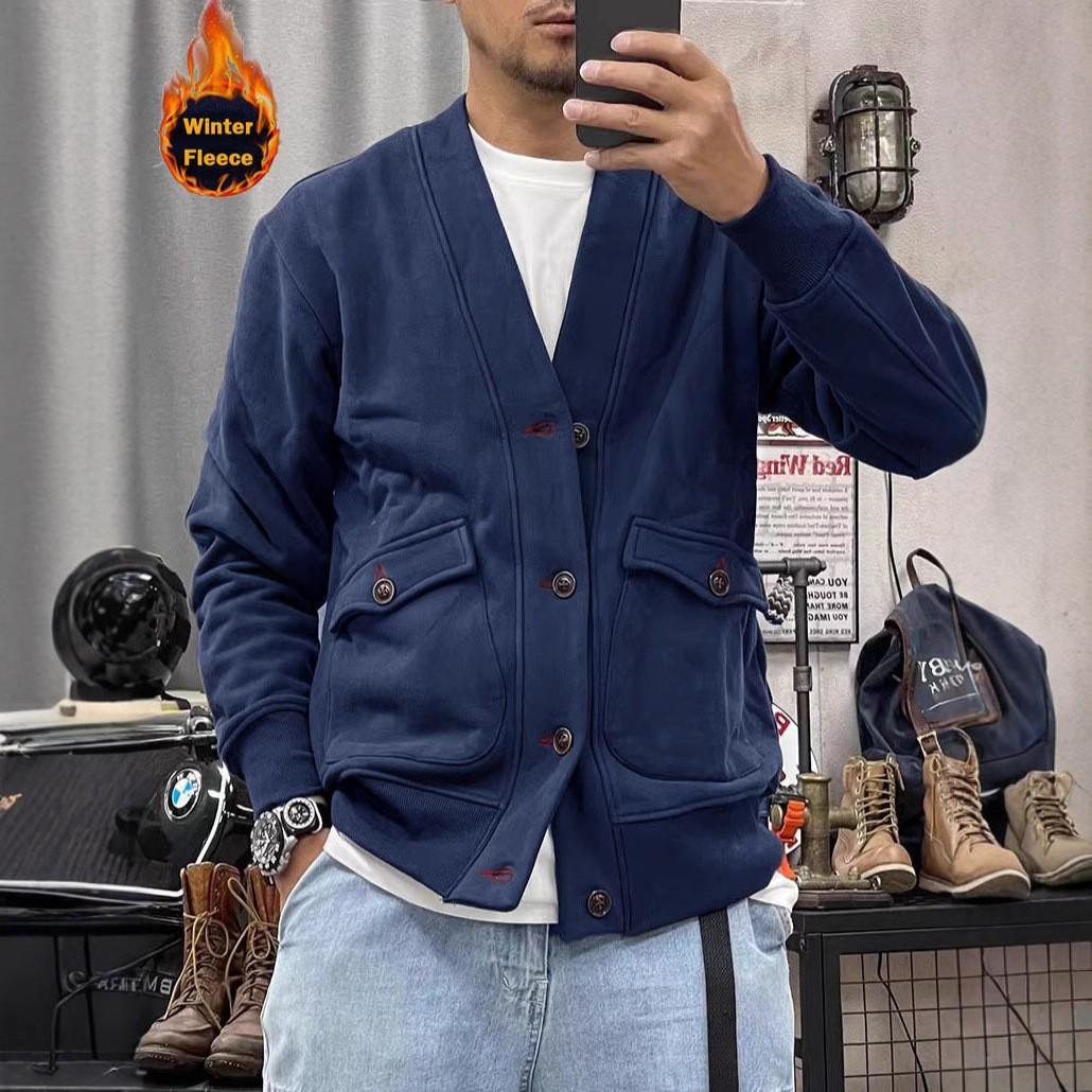 

Мужская куртка из плотного трикотажа с высоким весом, на флисовой подкладке, с V-образным вырезом, на пуговицах, зимнее молодежное пальто в стиле ретро 3XL темно-синий
