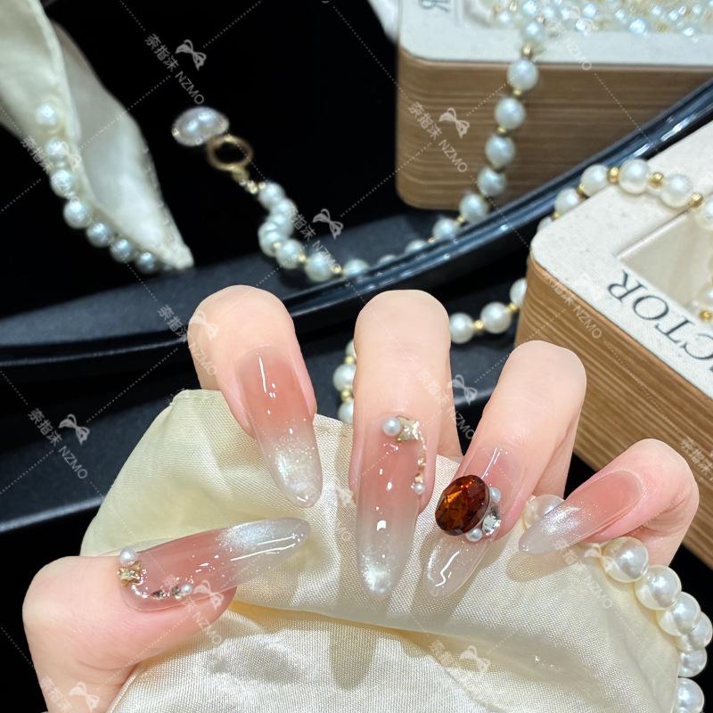 L55 Elegant Cat Eye Medium-Long Hand-Painted Whitening Nails L55-S (Long Oval)