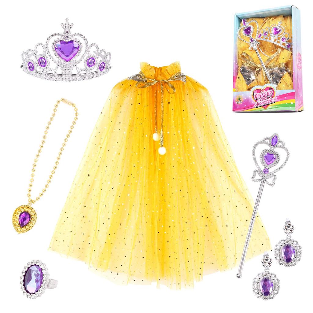 Girl's Princess Role Play Set: Cape, Magic Wand, Crown, and Ring