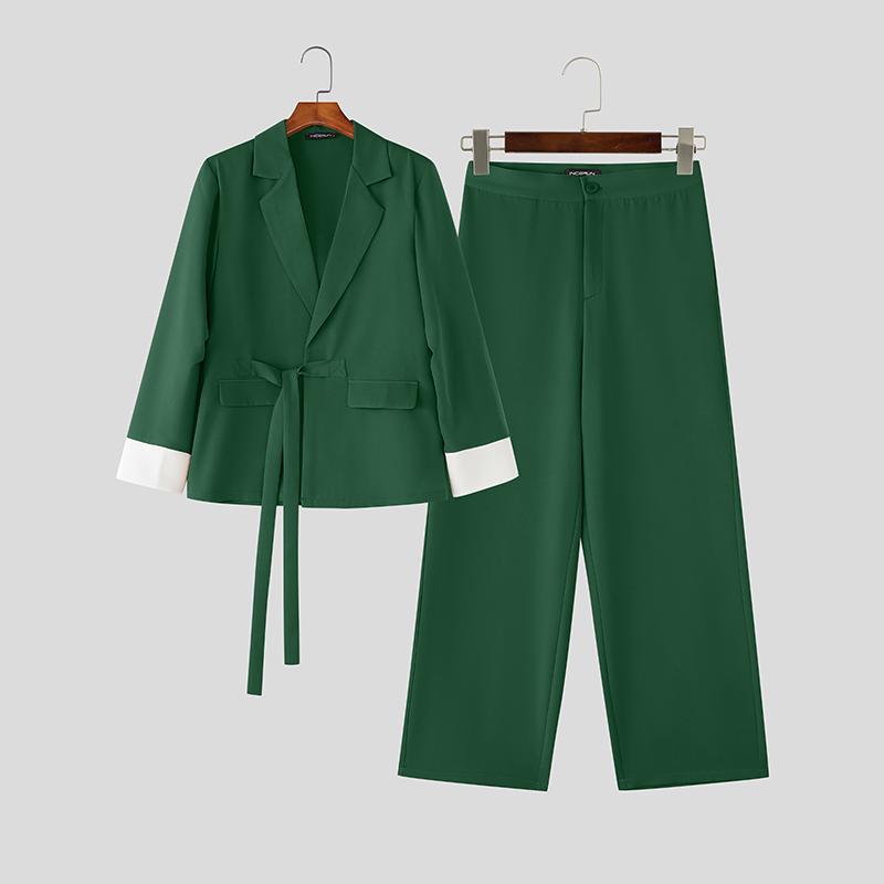 INCERUN Two Pieces Men Long Sleeve Lace-up Thin Blazer Long Straight Pants Loose Sets