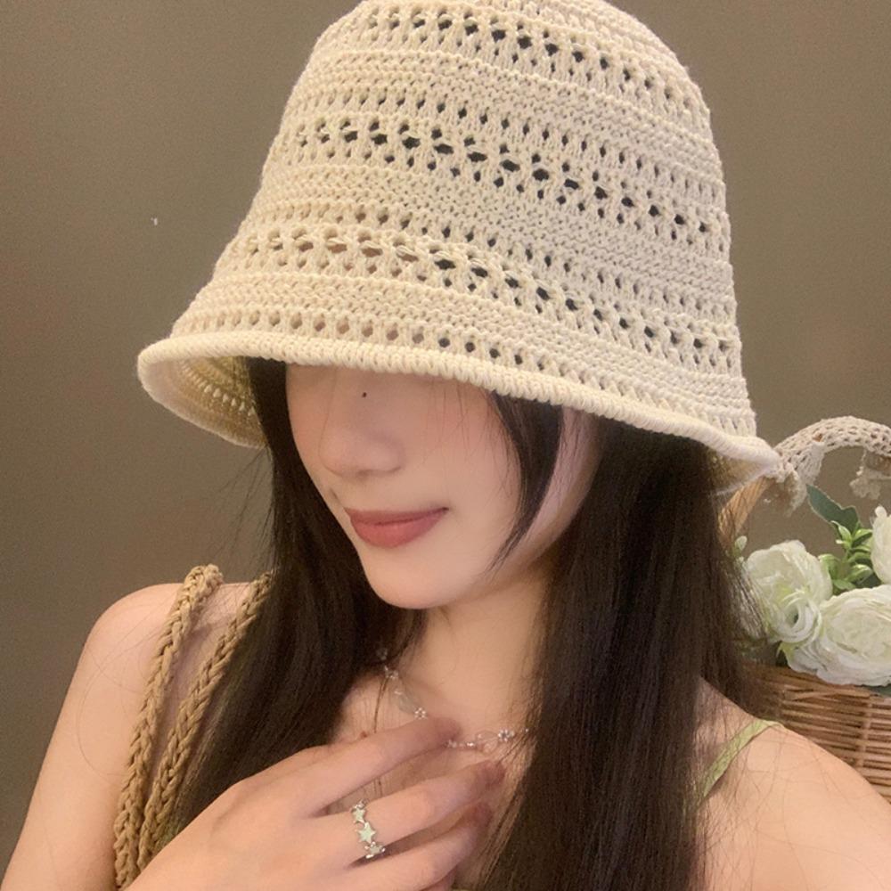 Solid Knit Hollow Out Bucket Hat Women Spring Summer Breathable UV Sun Protection Fisherman Hat