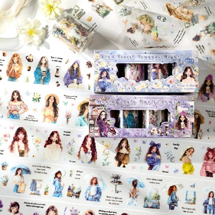4Rolls Scrapbooking Decorative Tape 60mmX2M Pre Cut Cartoon Girl Sticker Tape for Journal Photo Album Embellishments