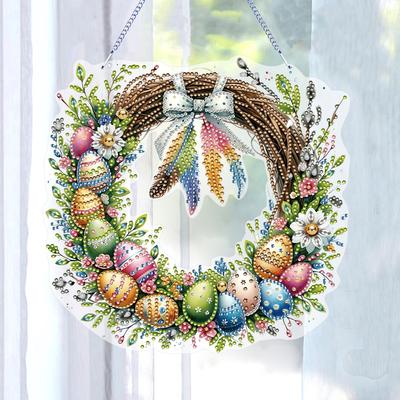 Couronne d'Oiseau de Pâques Simple Face 5D DIY Peinture Diamant Points Pendentif Poulet Art Diamant Pendentif Suspendu pour Décoration de Jardin Fenêtre