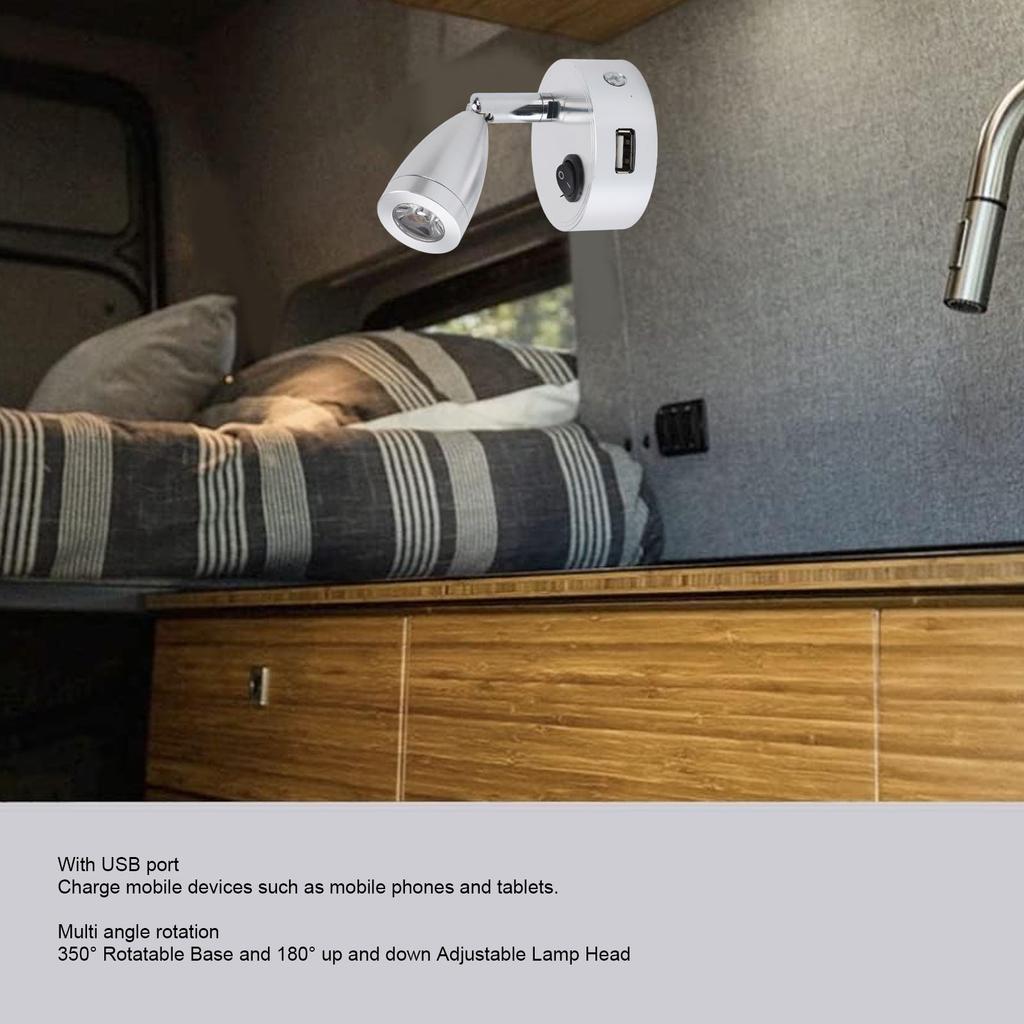 RV Reading Lamp Button Switch 350° Rotatable RV Spotlight with USB Port for Boat Yacht Motorhome 4000K DC10‑30V Silver