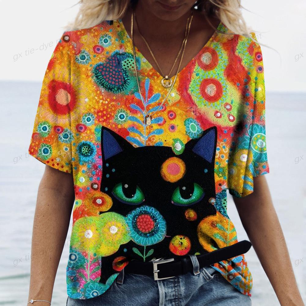 Stylish Breathable Cat Print Short-sleeved V-neck Simple Top T-Shirts Women’s