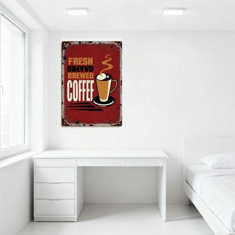 Vintage Rustic Metal Sign Fresh Brewed Coffee with Coffee Cup - Distressed Weathered Aged Plaque for Cafe Restaurant Bar Home De