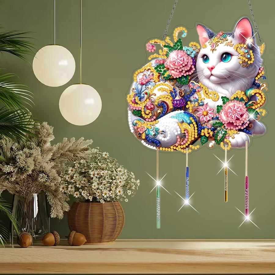 DIY Acrylic Cat Flower Diamond Painting Irregular Pendant Special Shape Drill Diamond Painting Hanging Home Ornament Wind Chime
