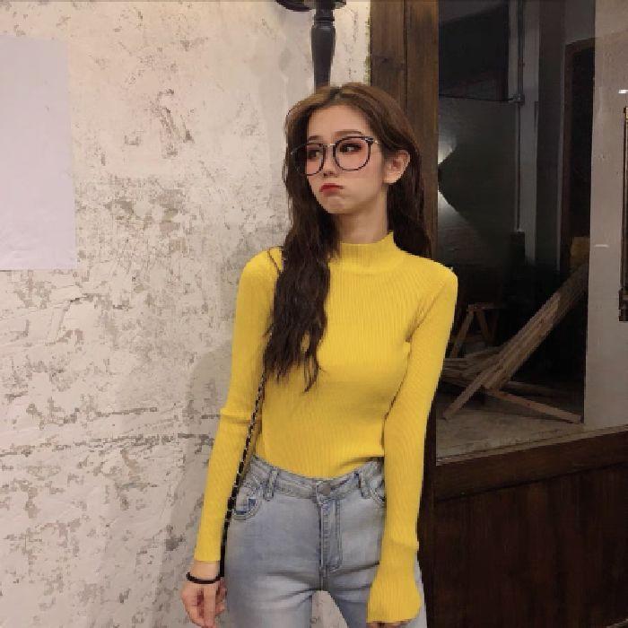 For Autumn and Winter, Wear A Fitted Long-sleeved Semi-high-neck Knitted Sweater As A Student Top