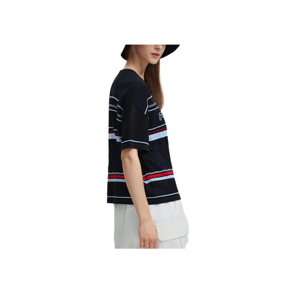 Fila Emerald Letter Embroidery Striped Pattern Round Neck Pullover Short Sleeve Knit Top Women Tops Legendary-Blue F11W434404F-NV