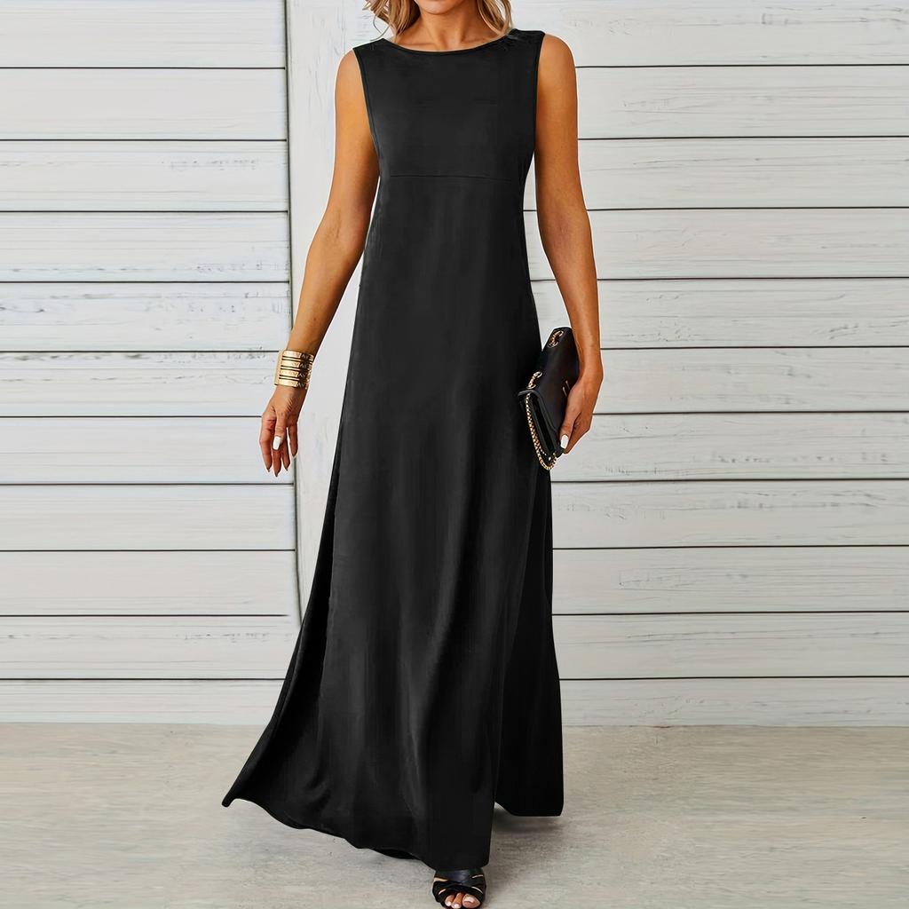 Ladies Fashion Solid Color Sleeveless Dress Long Dress