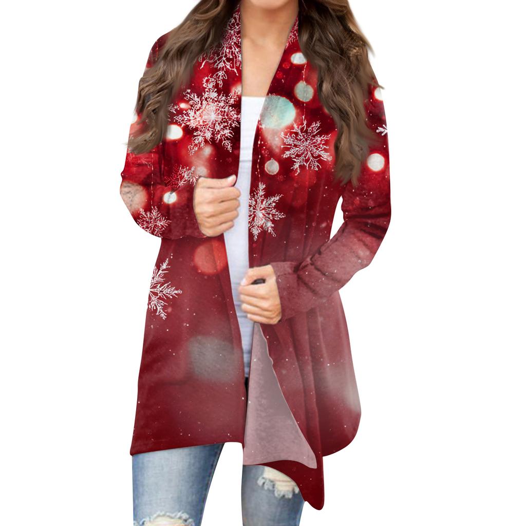 Women's Fashion Christmas Print Jacket Long Sleeve Casual Cardigan Coat