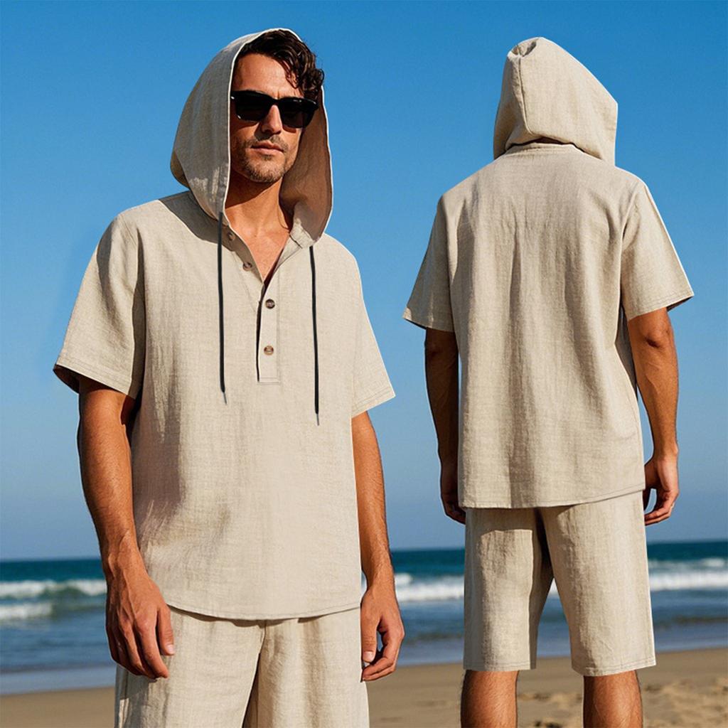 Men'S Loose Hooded Casual Short Sleeved Shirt Beach Shorts Set