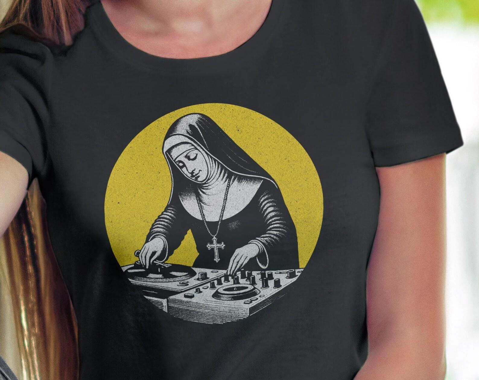 DJ Nun Turntable T-Shirt - Funny Dark Humor, Unisex Tee 4XL