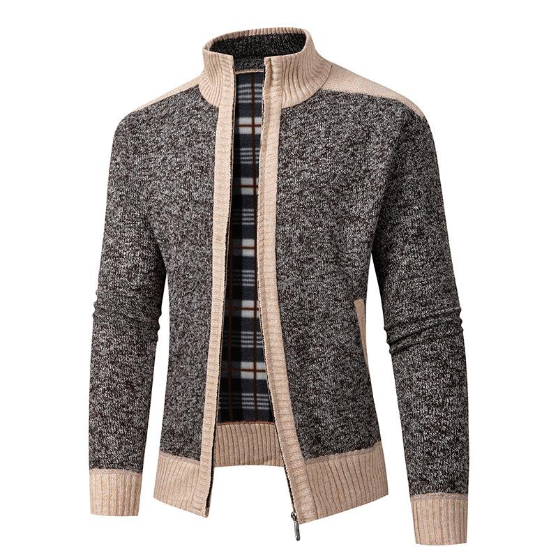 Autumn Winter New Style Men Stand Collar Color Block Outer Wear Cardigan Fleece Lined Thick Warm Knit Coat