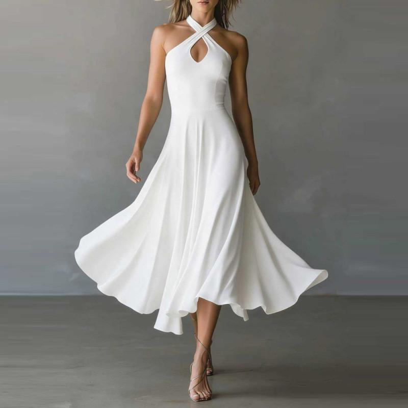 Elegant Vintage Black Lock Hole Backless Halter Aline Long Dress For Summer 2026