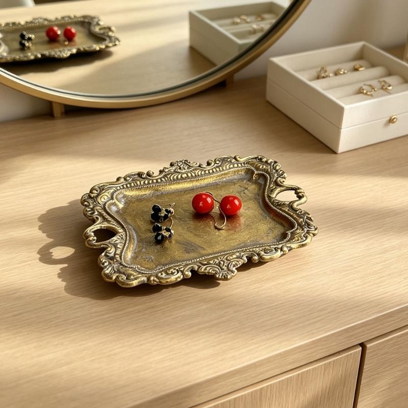Decorative Jewelry Storage Tray in Resin with Vintage Styling, Raised Border, and Side Handles for Dresser or Entryway Use