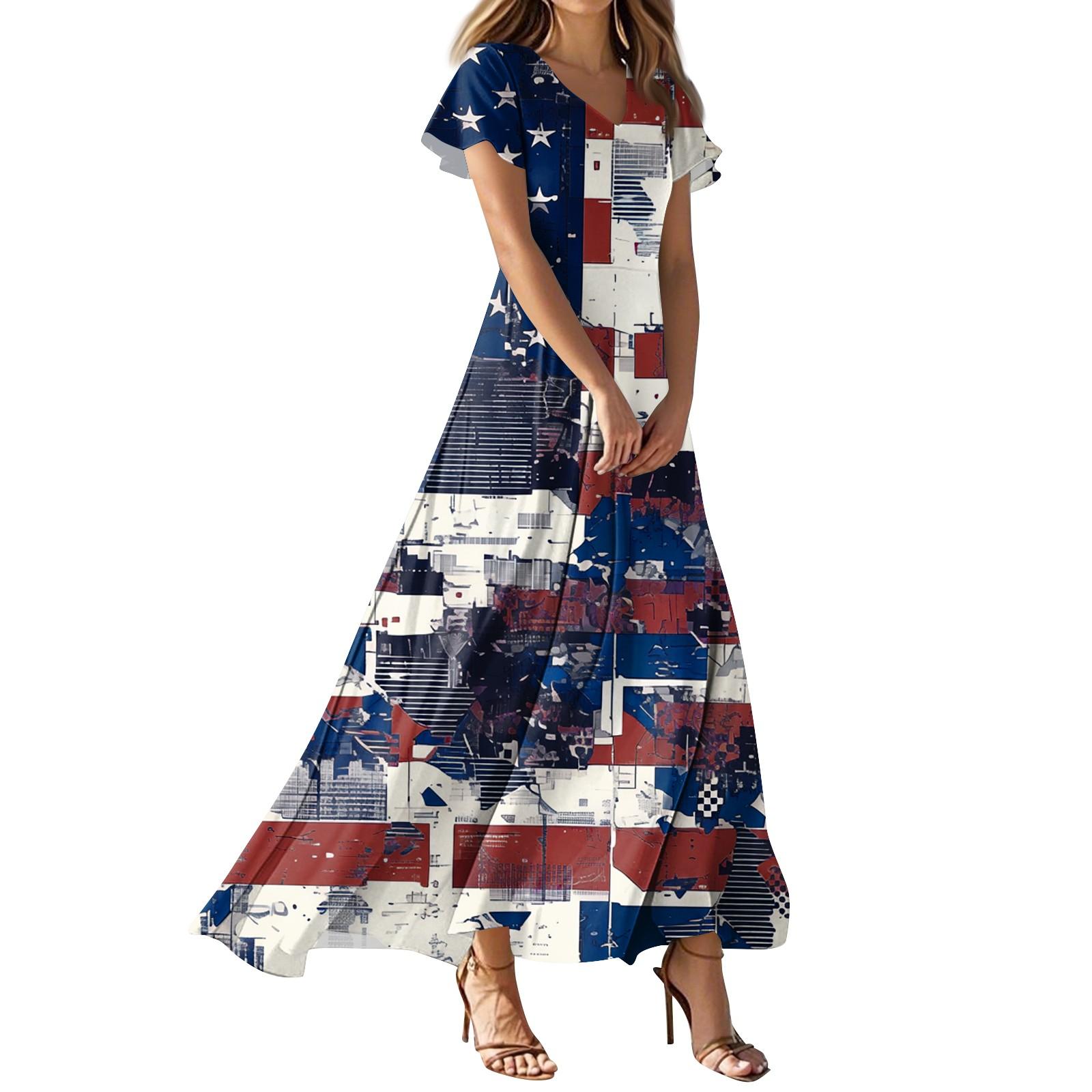 

Жіноча повсякденна сукня з V-подібним вирізом і високою талією, принтом прапора на День незалежності XL