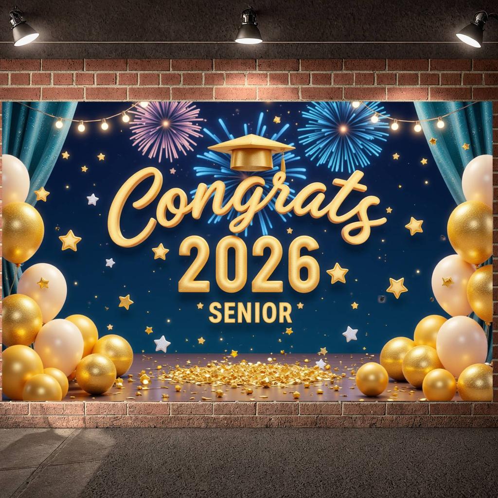 2026 Grad Background Star Decor Grad Event Display Graduation Banner Firework Design Senior Celebration Banner For Senior Indoor