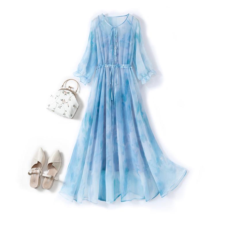 

Небесно-голубое шифоновое платье большого размера с французским цветочным принтом - Элегантный круглый вырез, А-силуэт 2XL небесно-голубой