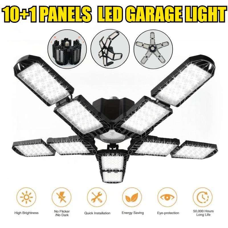 10 Panels LED Garage Light with Adjustable Panels Super Bright E27/E26 Ceiling Lighting Work Light for Basement Workshop Warehouse
