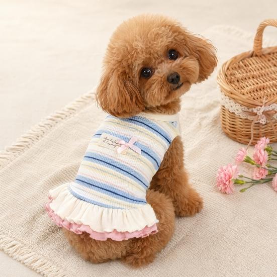 huaqianguhh Colorful Striped Dog Dress, Stretchy Sleeveless Outfit, Cute Ruffled Dress for Small Dogs Teddy Bichon Frise Party Wear
