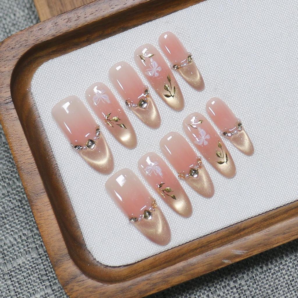 Golden Wind Jade Dew Handmade Autumn/Winter Cat Eye Nail Stickers - Elegant French Style False Nails