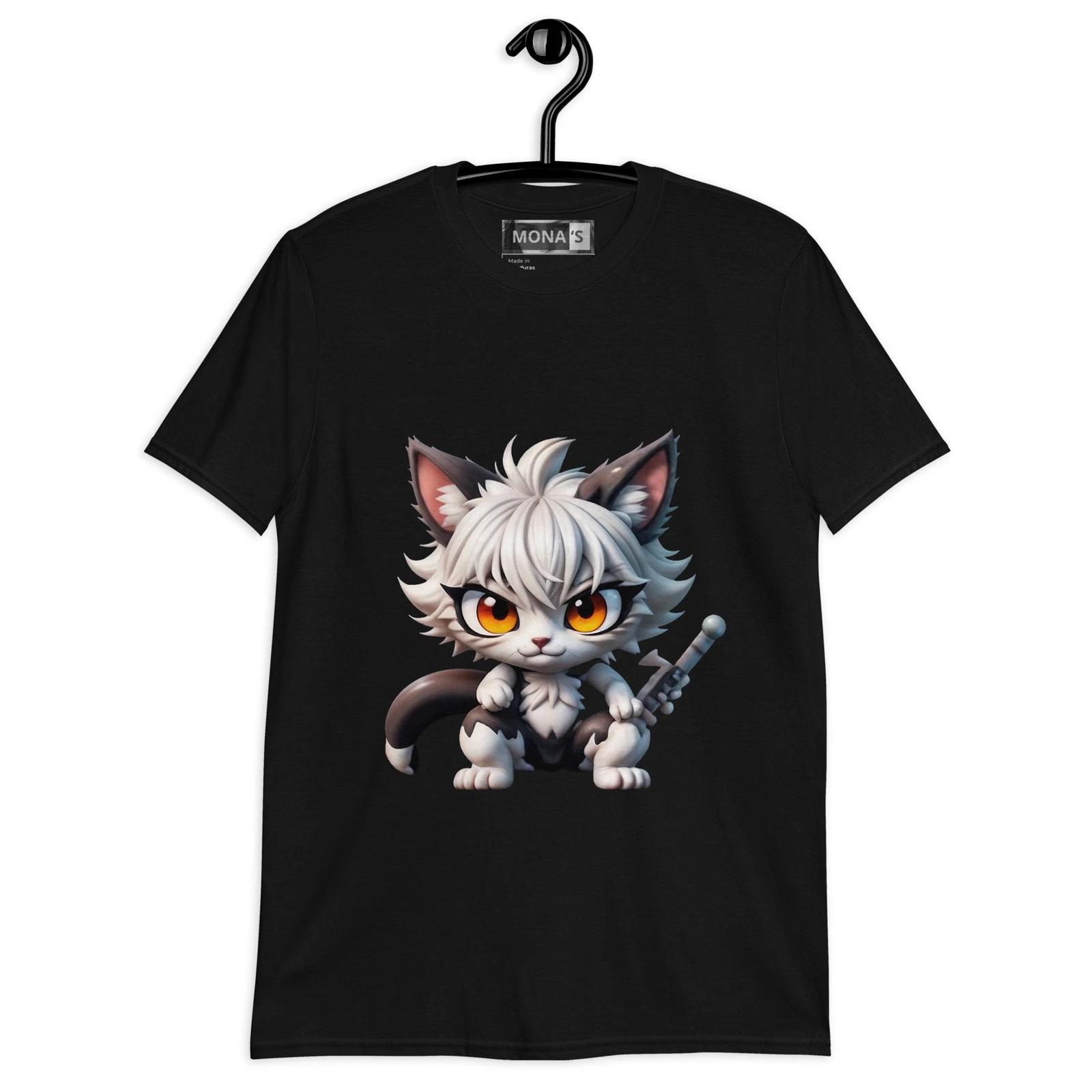 Unisex Fantasy Cat Warrior T-Shirt - Cute Anime Style Sword-Wielding Kitten Tee 2XL