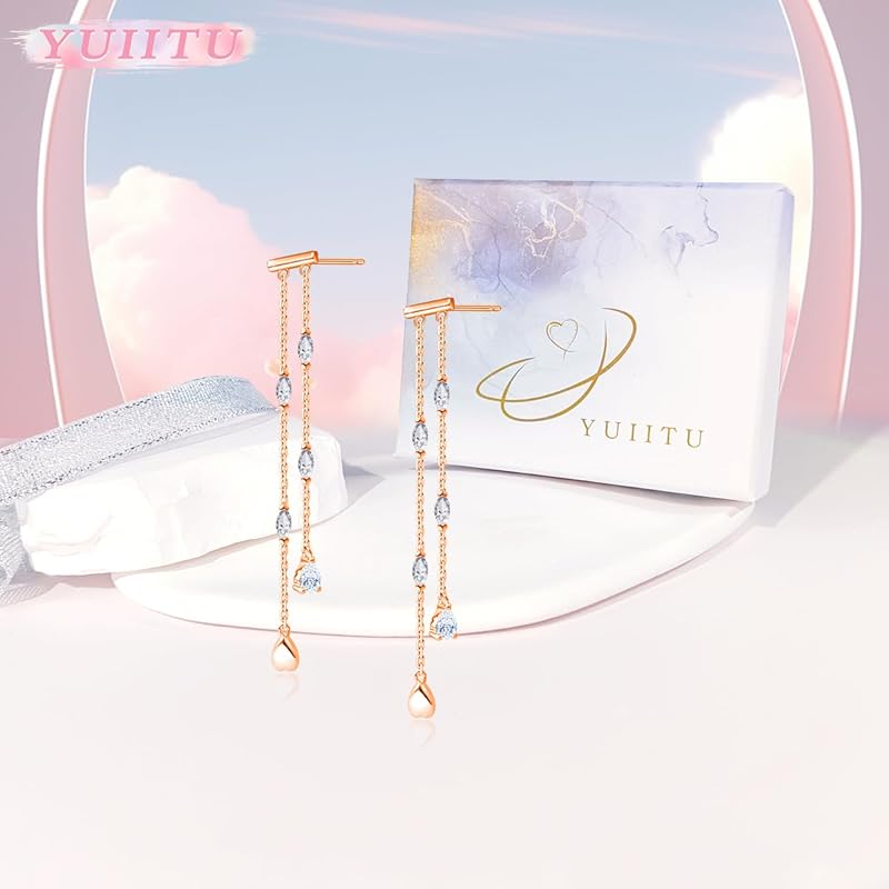 YUIITU Earrings Ladies Popularity High Quality Zirconia 2 Consecutive Sway Drop Silver Compatible with Metal Allergies 18k Gold Brachira Plating Long