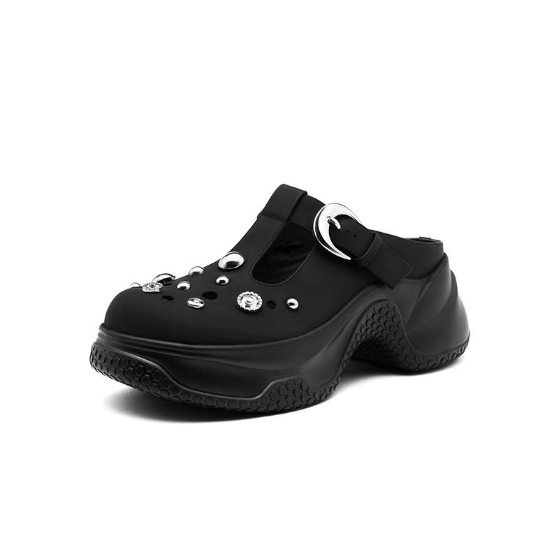 

2025 summer new leather platform slippers hollow half bag head hole shoes casual and comfortable women s shoes 39 чёрный