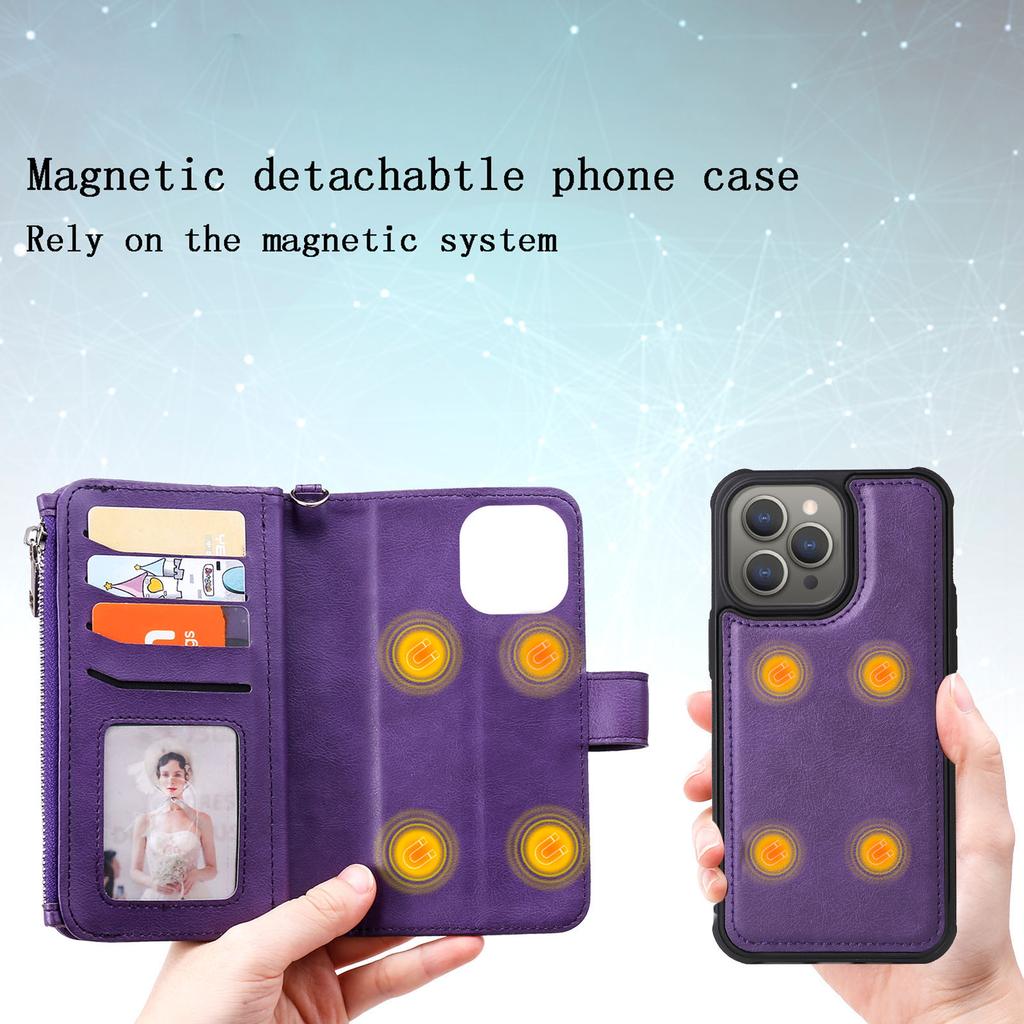 For iPhone 15 Pro Max Magnetic Leather Case Mobile Cover with Detachable Zipper Wallet Strap