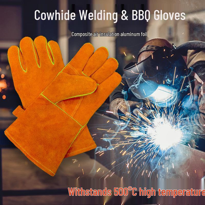 Cowhide Heat-Resistant BBQ & Welding Gloves - Aluminum Foil Insulated, Fireplace & Oven Safe.