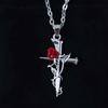 Gothic Punk Simulated Stereo Red Rose Flowers Winding Cross Pendant Stainless Steel Necklace for Women Halloween Witch Jewelry