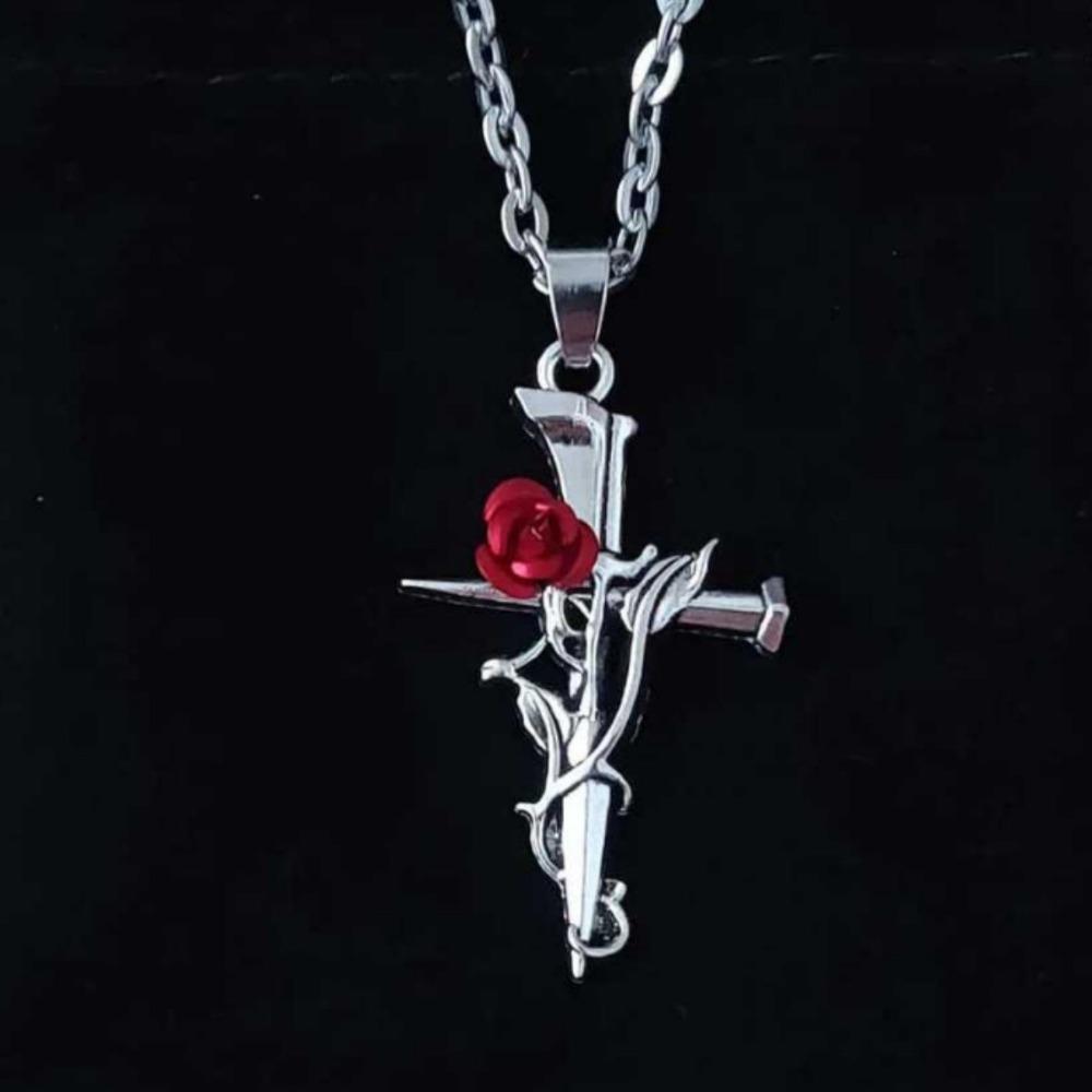 Gothic Punk Simulated Stereo Red Rose Flowers Winding Cross Pendant Stainless Steel Necklace for Women Halloween Witch Jewelry
