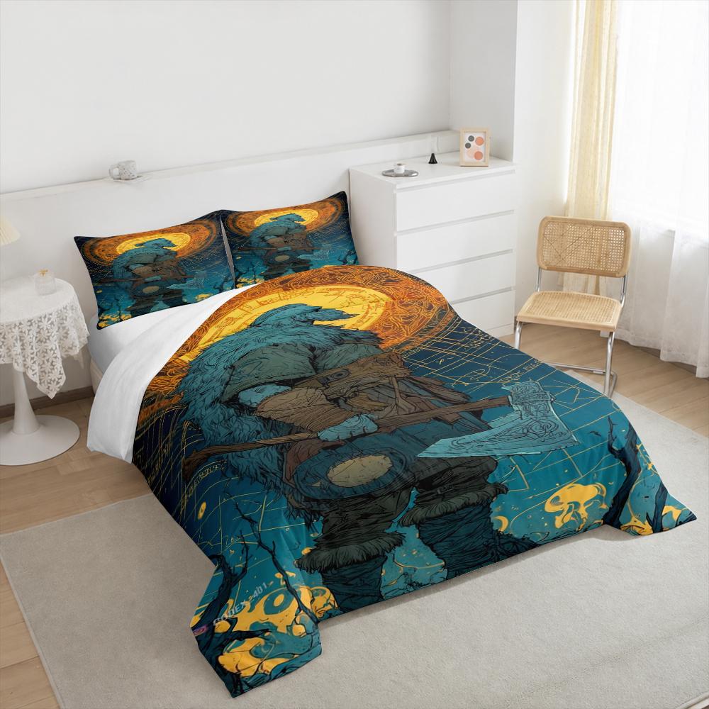 3 Piece Bedding Set Viking Warrior Axe Sun Compass Blue Duvet Cover for Men Fan Gift