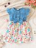 Girls Summer Denim Patchwork Dress Sleeveless Cartoon Bow Cute Outfit for 4-7 Years Old Baby
