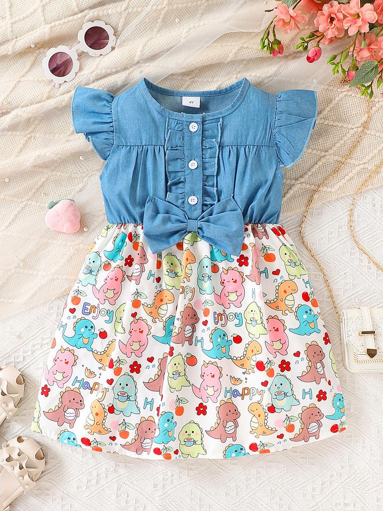 Girls Summer Denim Patchwork Dress Sleeveless Cartoon Bow Cute Outfit for 4-7 Years Old Baby