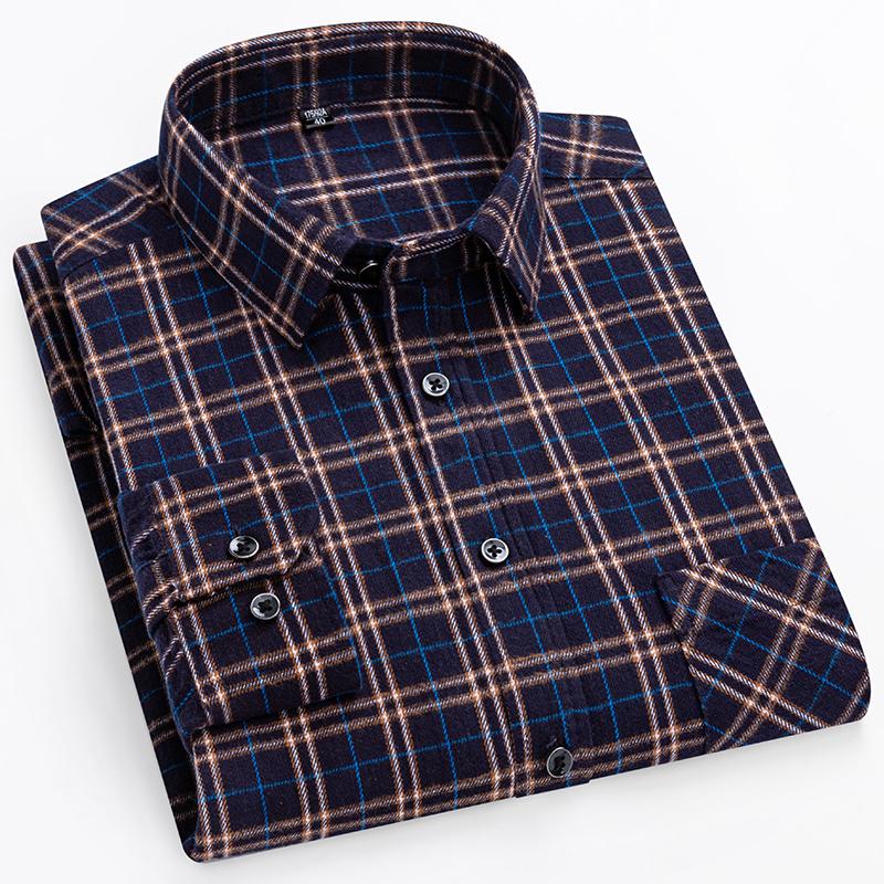 Plus Size Long Sleeve Fat Men Plaid Shirts Cotton Brushed Warm Soft Large Size 100kg to 150kg suitable Casual Winter Autumn