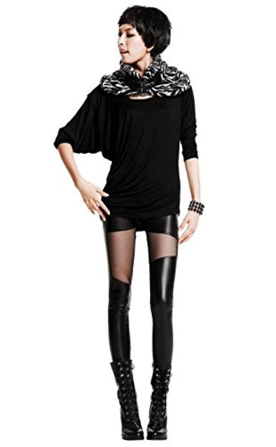 Sarah Rose Slim Long PU Faux Leather and Gothic Lolita Bottoms Women's Leggings, Pants, Mesh, Style, Black, Sexy, See-Through,