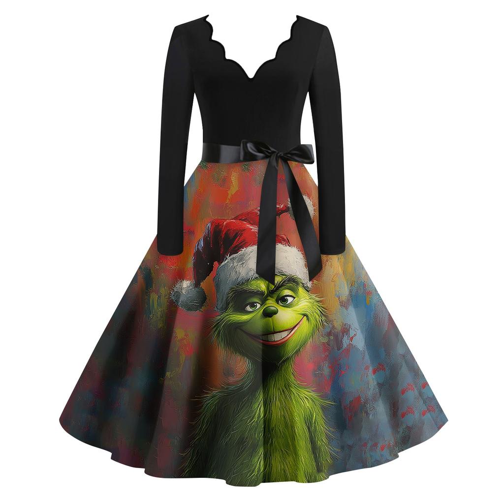 Women's Casual Fashion Print Long Sleeve Dress Cutout Party Casual V Neck Dress