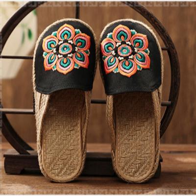 Women Slippers Summer Embroider Flat Retro Flower Handmade  Mules Backless Slip-On Linen Knitting Fisherman Shoes Loafers Embroidered Mule Slippers