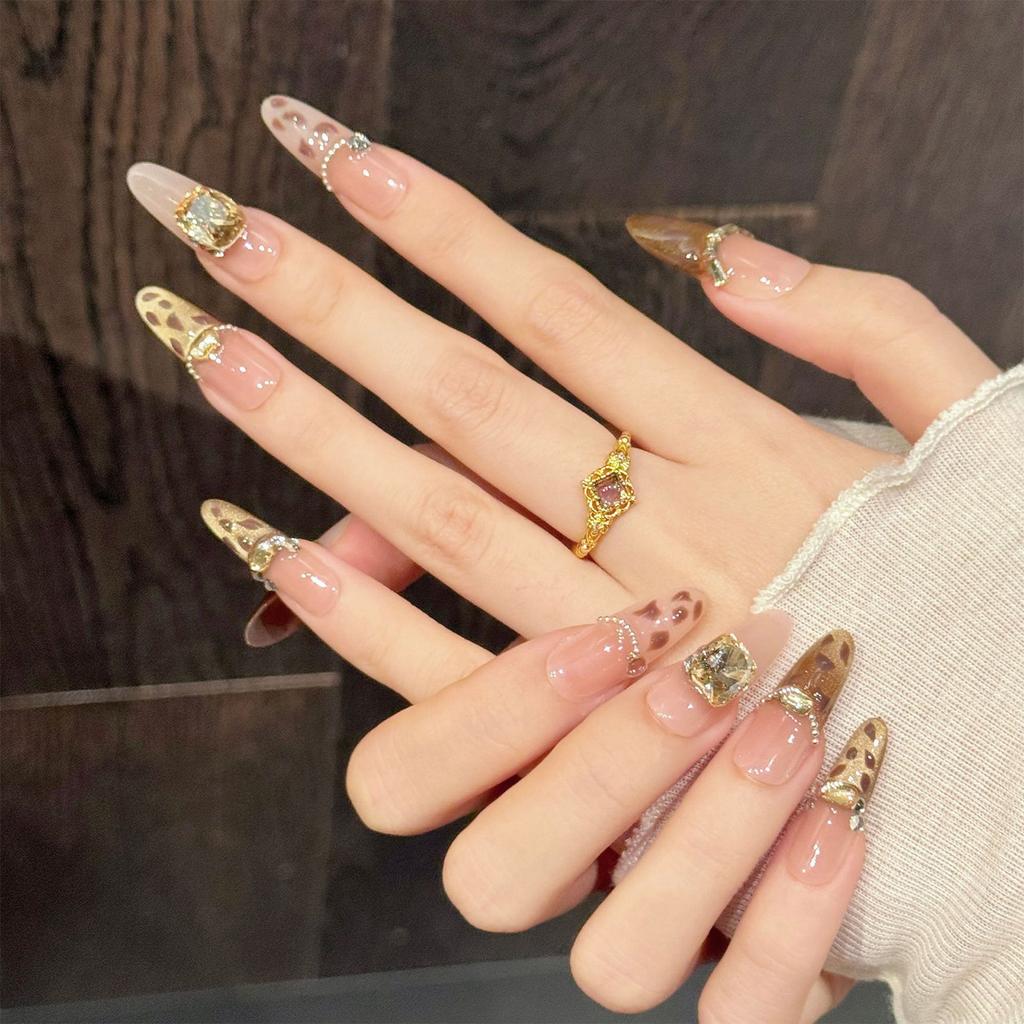 10Pcs Leopard Print Press On Nails With Rhinestones Bare Pink Gold Luxury Fake Nails For Women Manicure Supplies