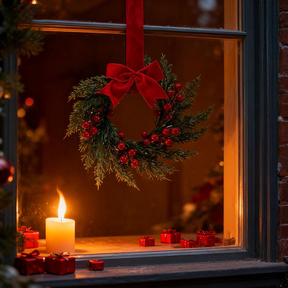 Artificial Christmas Wreath 10 Inch Winter Greenery Wreath Front Door Holiday Porch Wall Decor with Red Berries And Velvet Bow